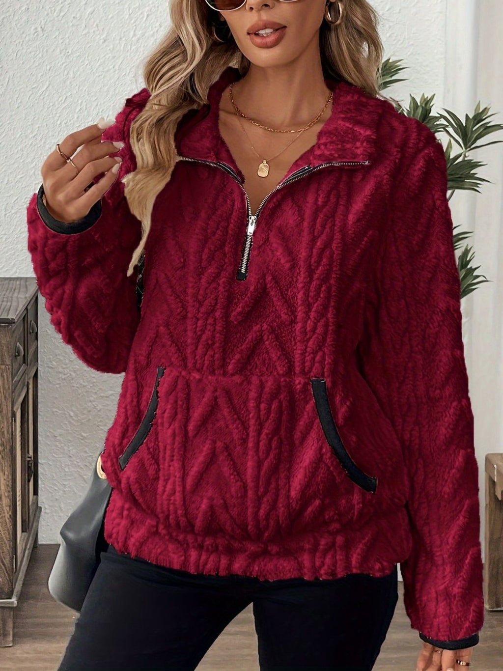 Plain Lady Romance Loose Stand Collar Sweatshirt