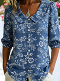 3D Printing Denim Blue Floral Printed Linen Blend Shawl Collar Button Loose Casual Shirt