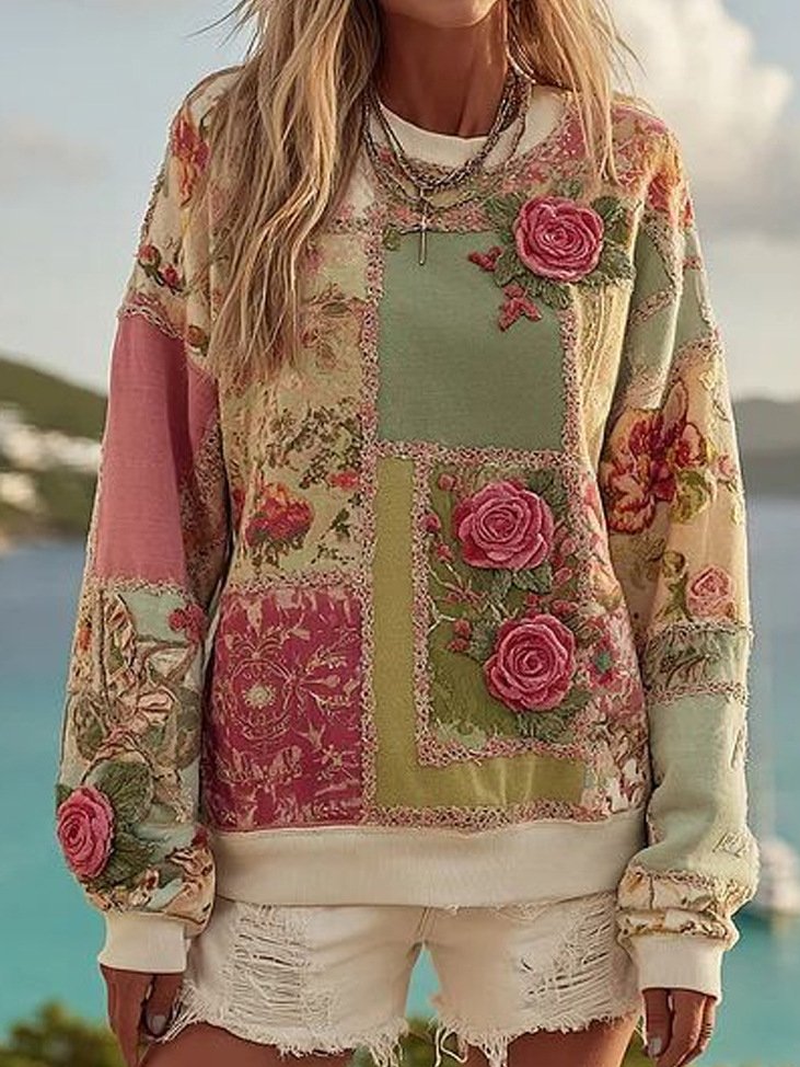 Women’s Casual Floral Print Cotton Crew Neck Regular Sweatshirt