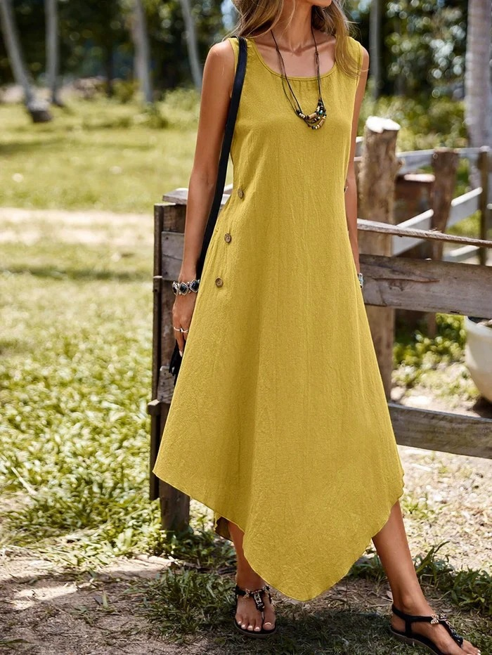 Women Linen Blend Vintage Crew Neck Sleeveless A-Line Button Irregular Hem Summer Going Out Dress