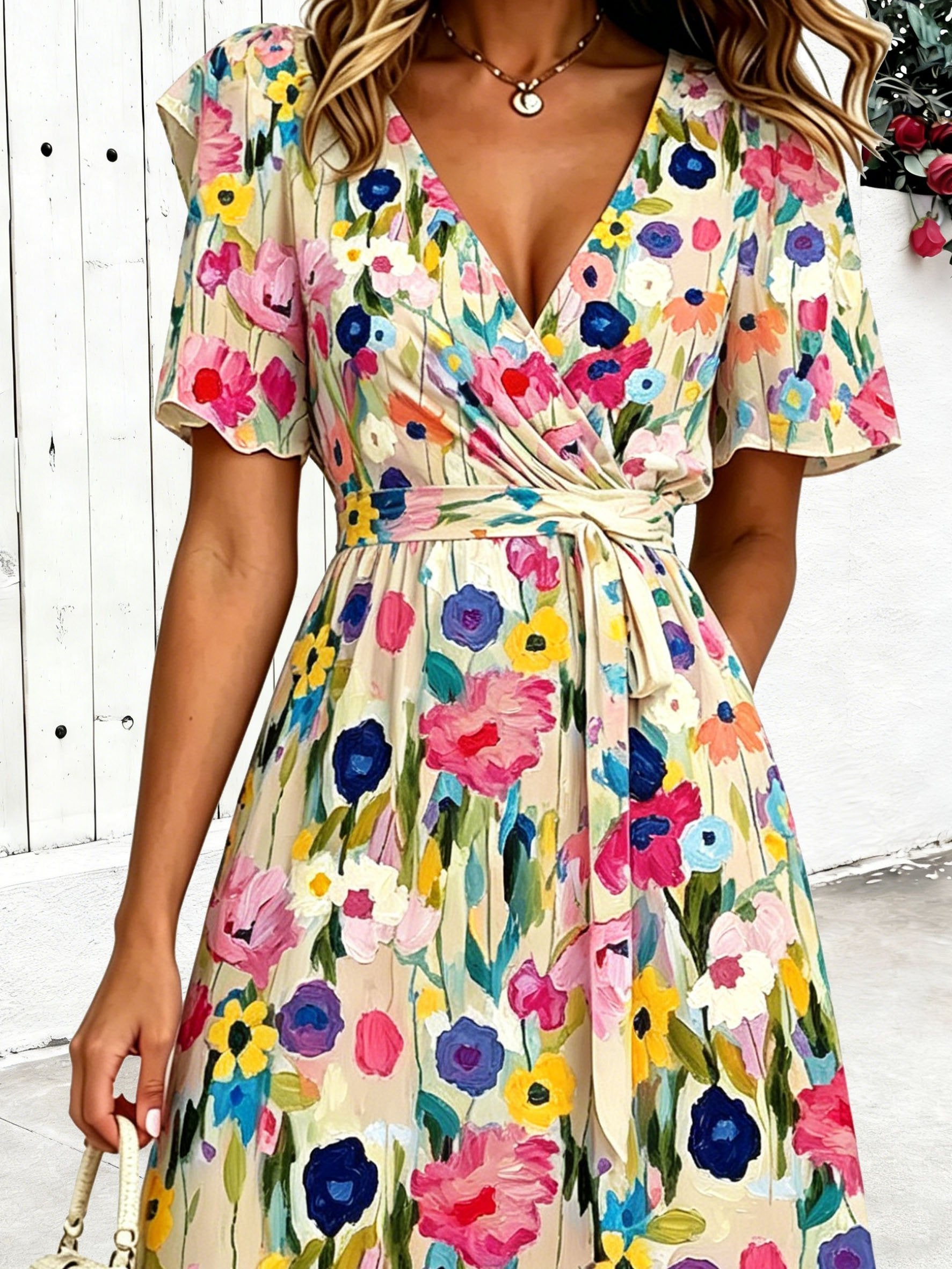 V Neck Puff Short Sleeve Belt Colorful Floral Print Elegant Maxi Dress