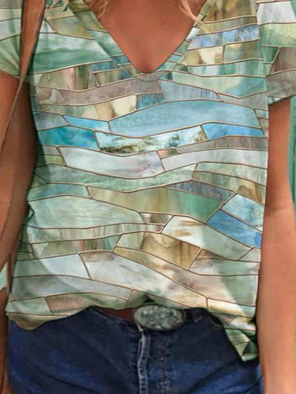 Geometric Short Sleeve Printed Cotton-blend V neck Holiday Summer Beige Top