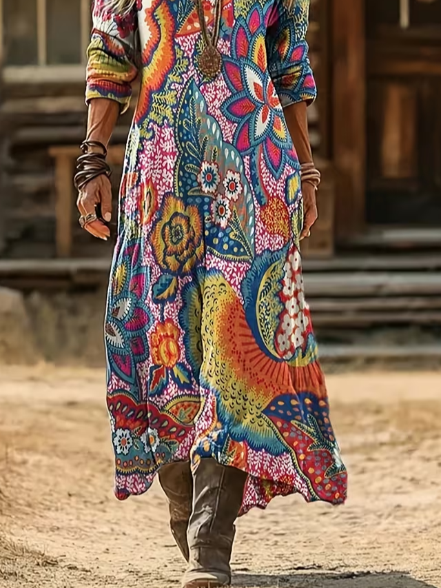 Women's Long Sleeve Spring/Fall As Picture Floral Printing V Neck Daily Going Out Vintage Maxi H-Line Dress