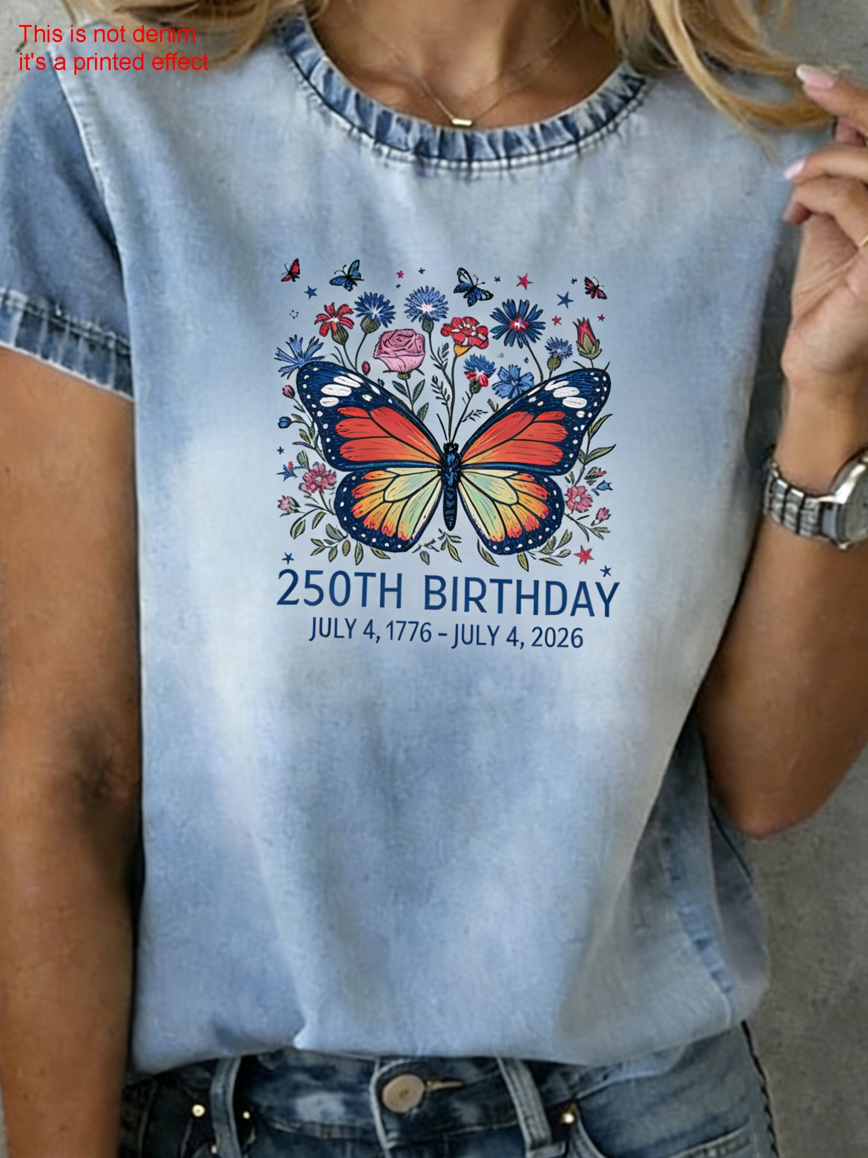 3D Printing Butterfly Round Neck Short Sleeve 250th Anniversary Letter Pattern Summer Casual T-Shirt