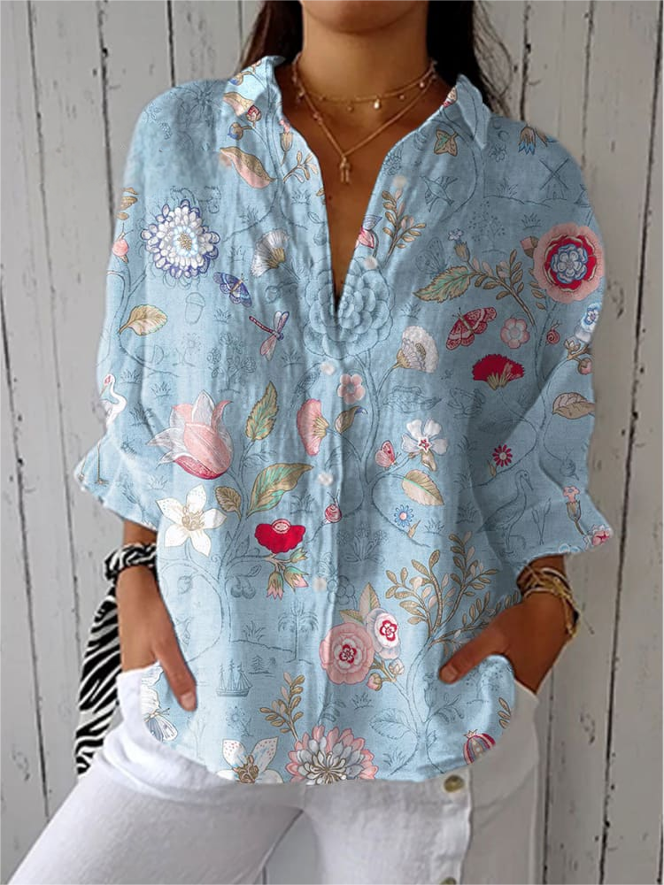 Vintage Hand Painted Casual Linen V Neck Shirt