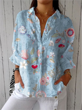 Vintage Hand Painted Casual Linen V Neck Shirt