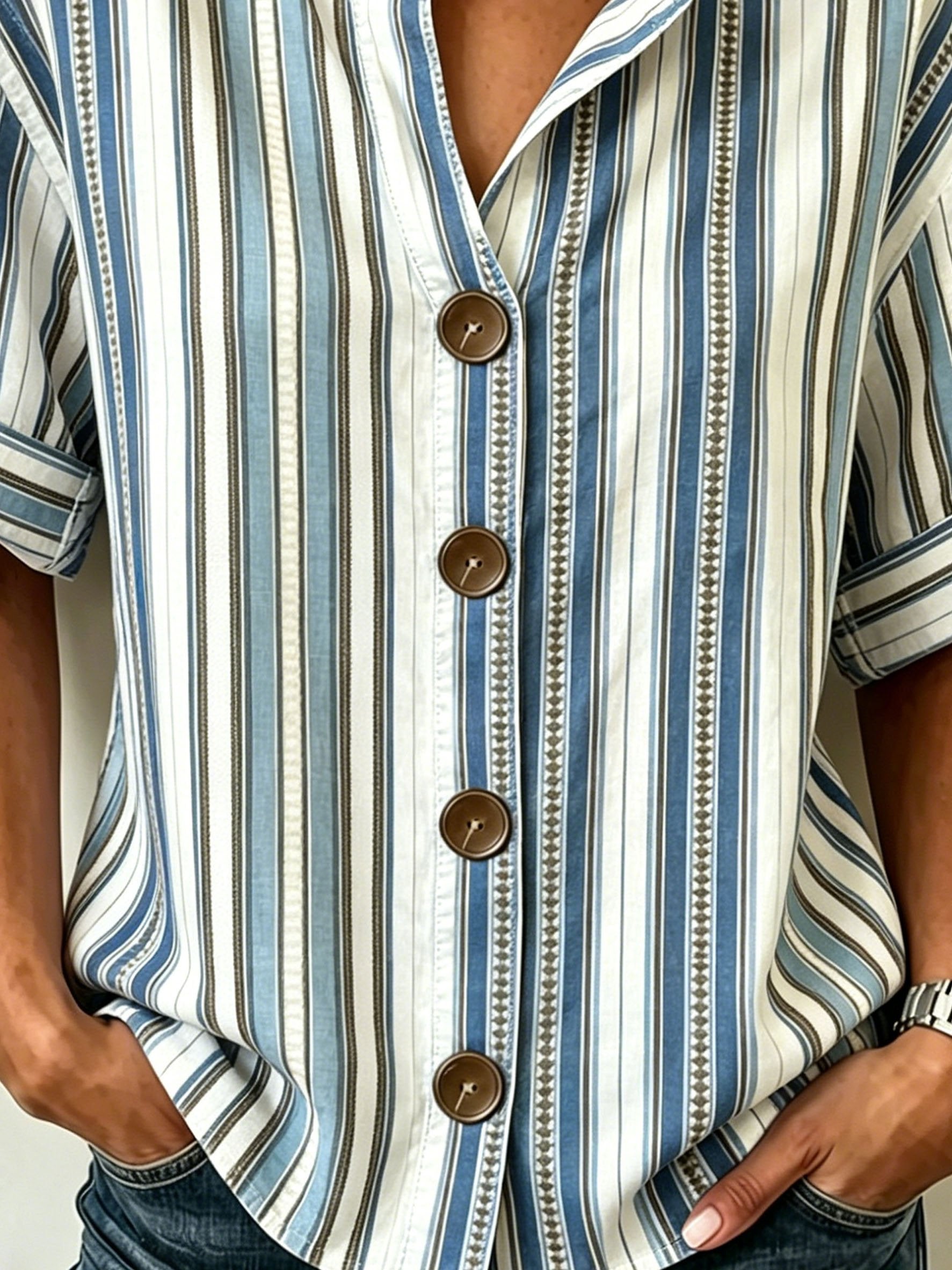 Vintage Striped Stand Collar Botton Spring Summer Linen Blend Casual Shirt