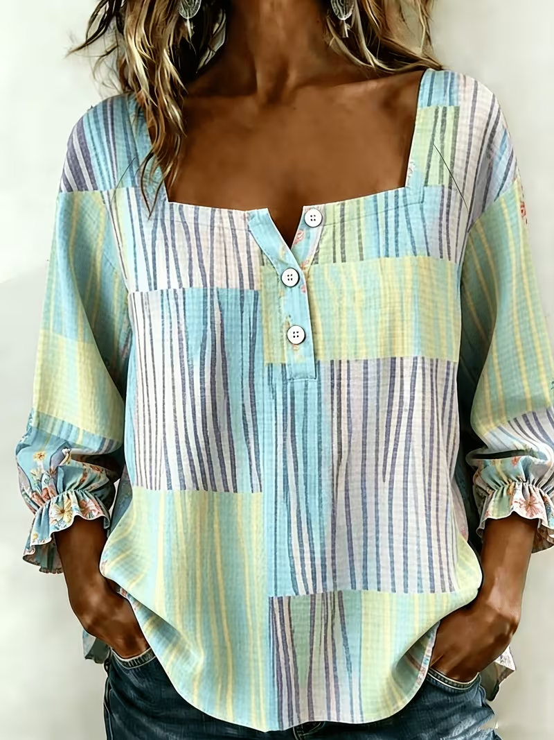 Women's Three Quarter Sleeve Blouse Spring/Fall As Picture Striped Printing Square Neck Daily Going Out Vintage Top