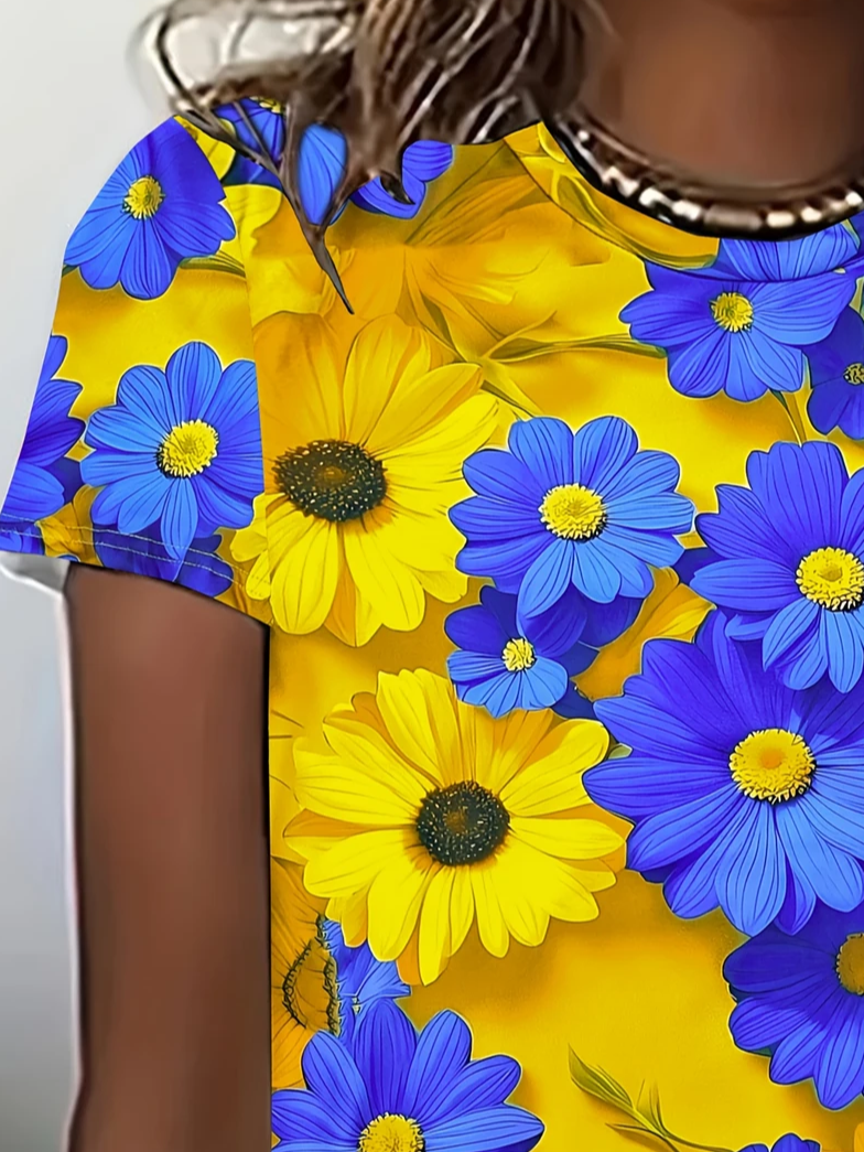 Women's Floral Print Casual Crew Neck Short Sleeve T-Shirt
