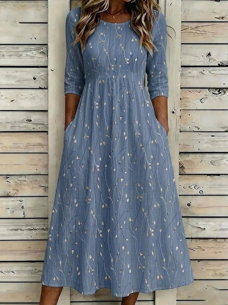 Women's Half Sleeve Summer Blue Floral Printing Crew Neck Daily Going Out Casual Maxi H-Line Dress