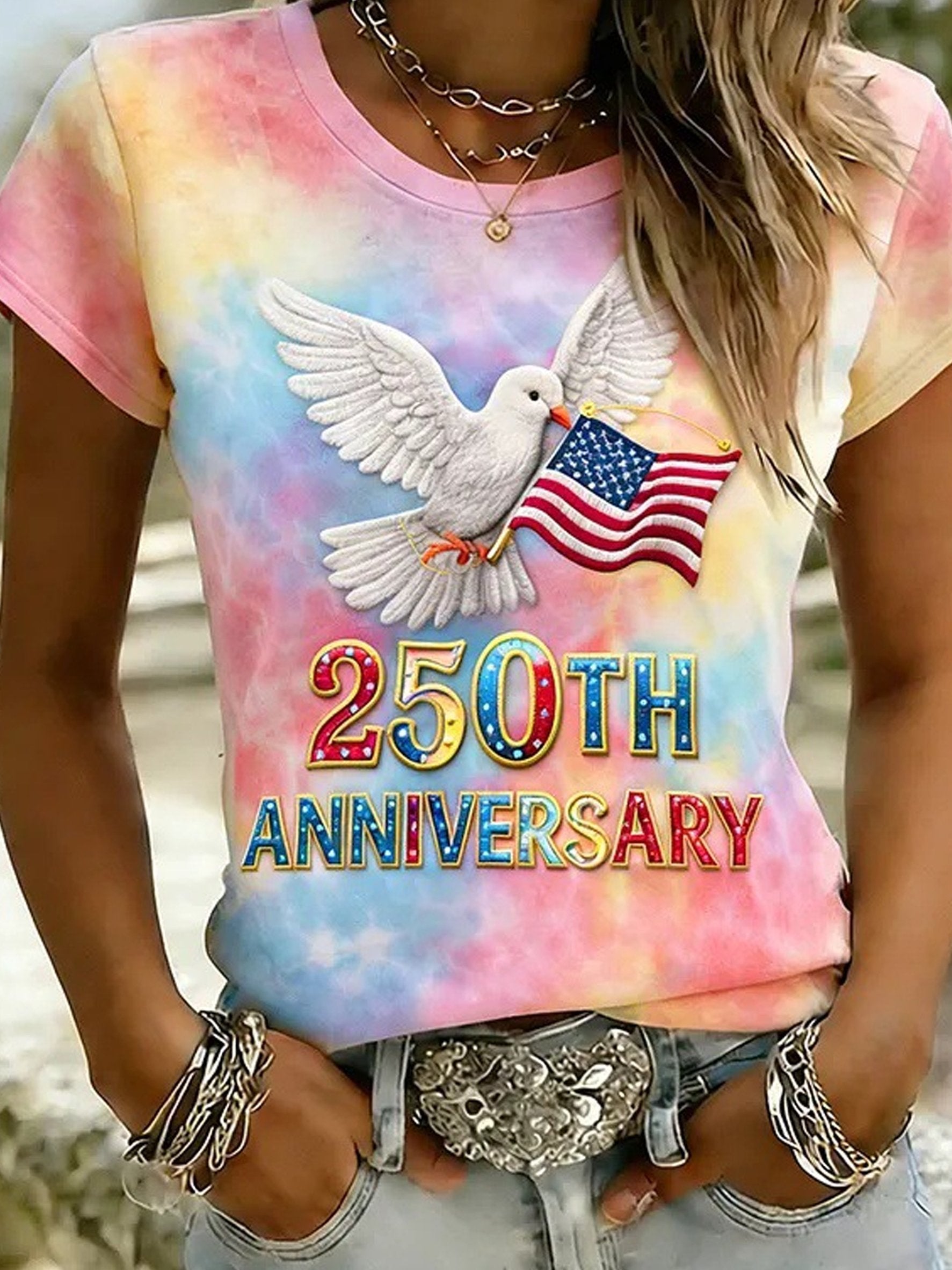 3D Printing America Flag Vintage Crew Neck Eagle Old Glory Jersey Colorful 250th Anniversary T-Shirt