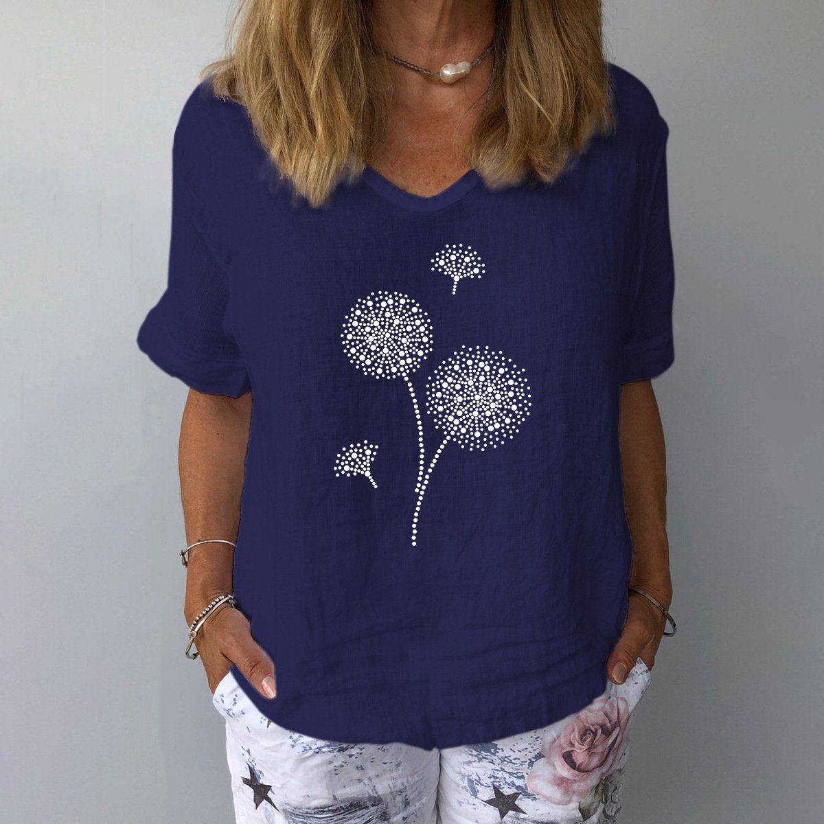 Women's V-Neck Short-Sleeve Blouse â€?Textured Linen