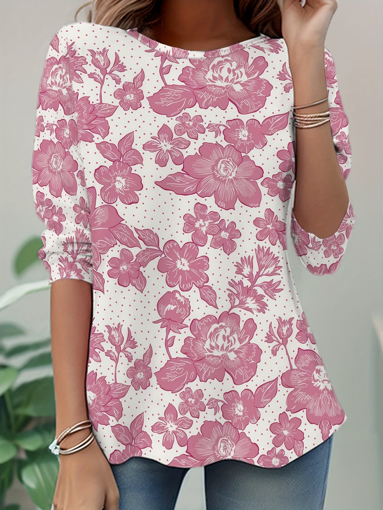 Women's Long Sleeve T-shirt Spring/Fall Pink Floral Jersey Crew Neck Daily Going Out Casual Top
