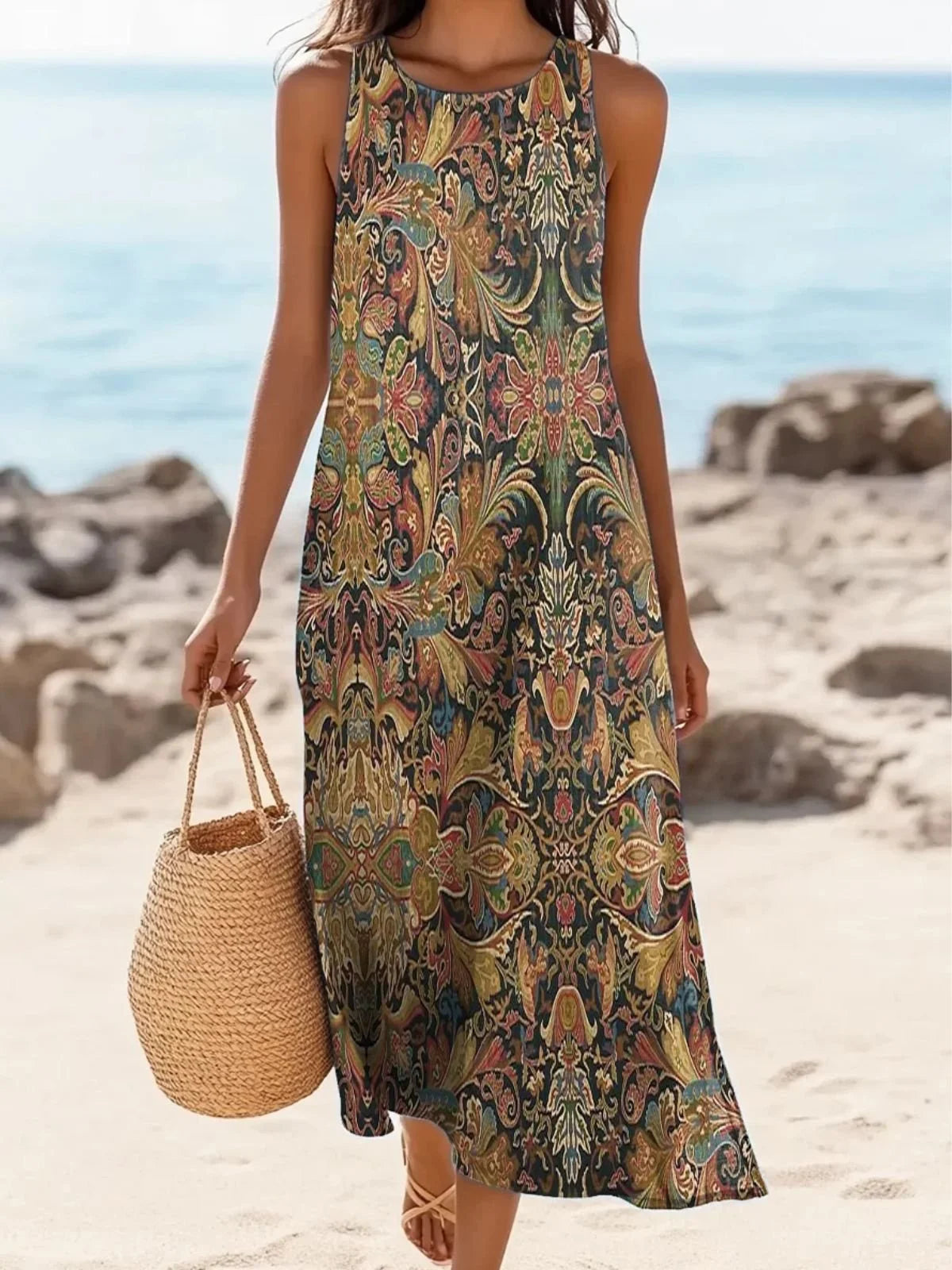 Vintage Boho Paisley Sleeveless Maxi Dress - Casual Summer Beach Sundress