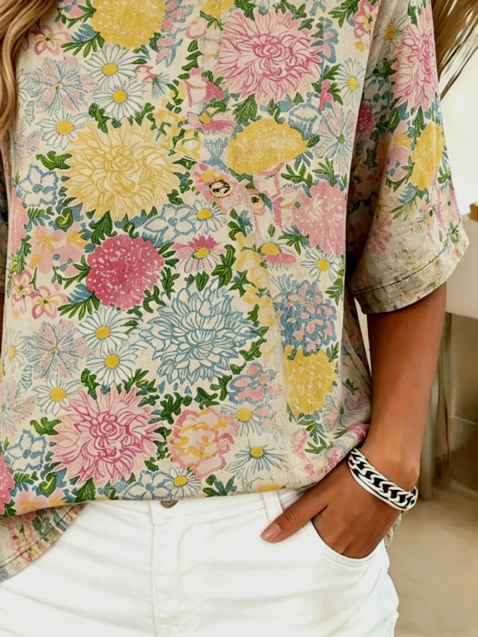 Floral Casual Cotton-Blend Crew Neck T-Shirt