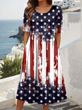 Women’s American Flag Print Midi Dress 4th of July Patriotic Short Sleeve Swing Dress