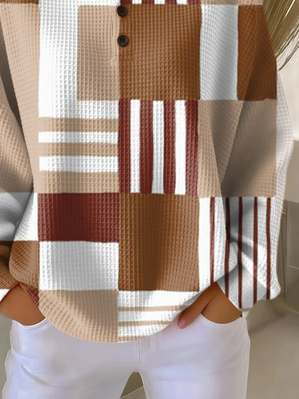 Women's Abstract Print Button-Up Casual Waffle Knit Sweatshirt