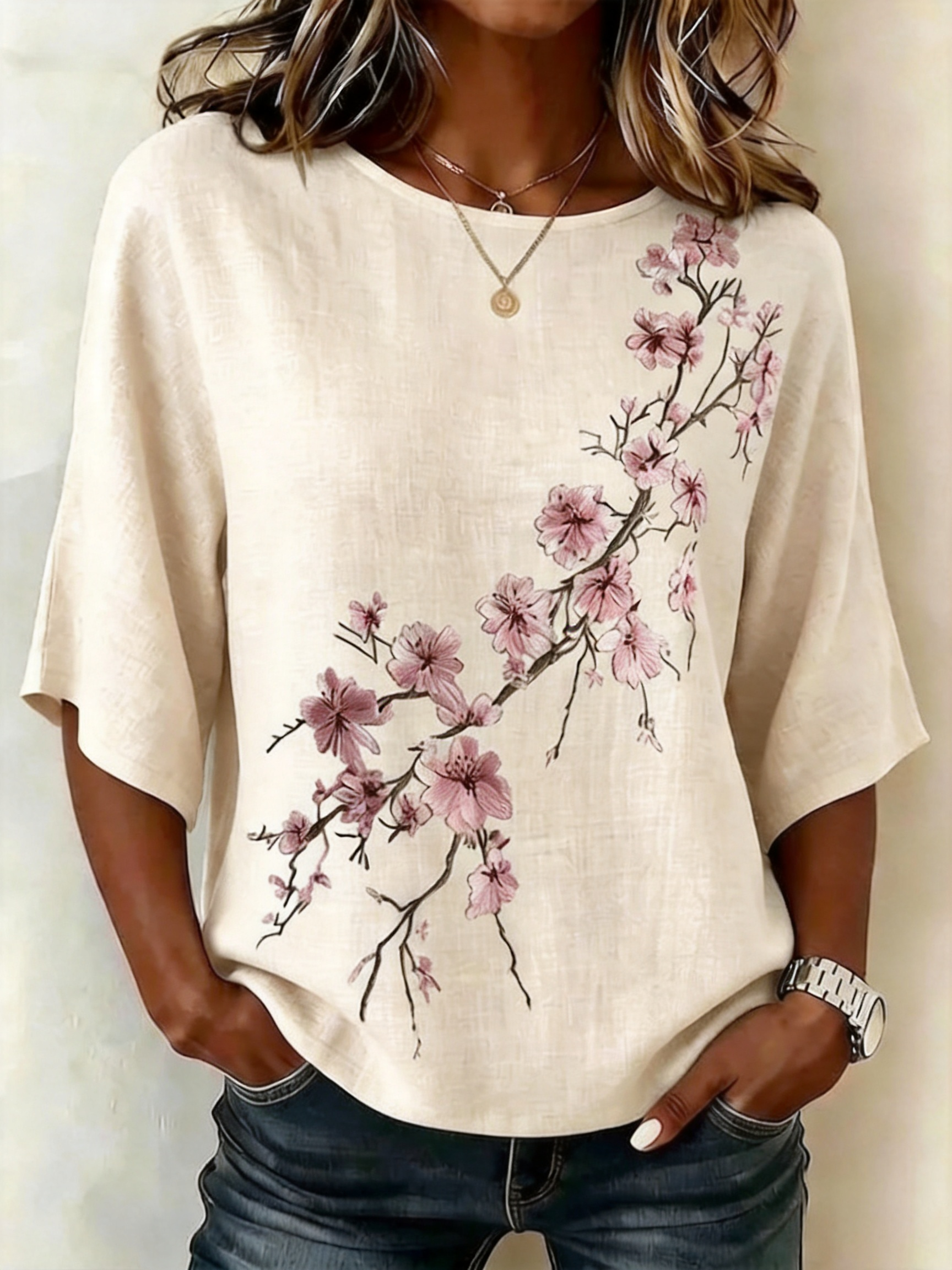 Elegant Cotton And Linen Loose Crew Neck Shirt