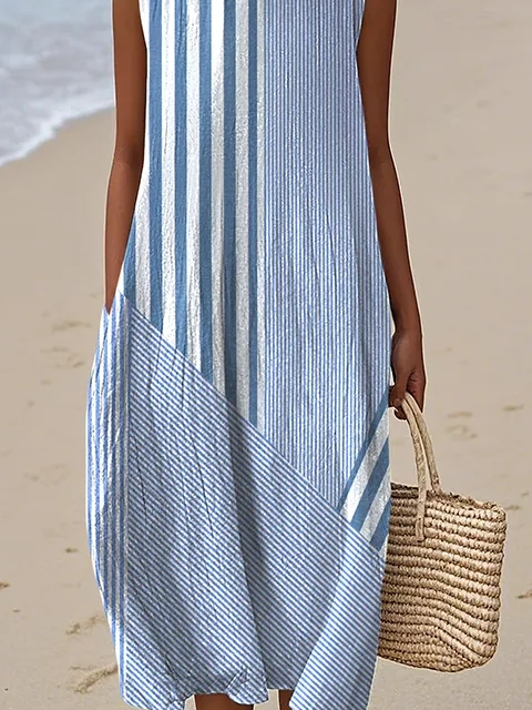 Striped Crew Neck Elegant Loose Dress With No