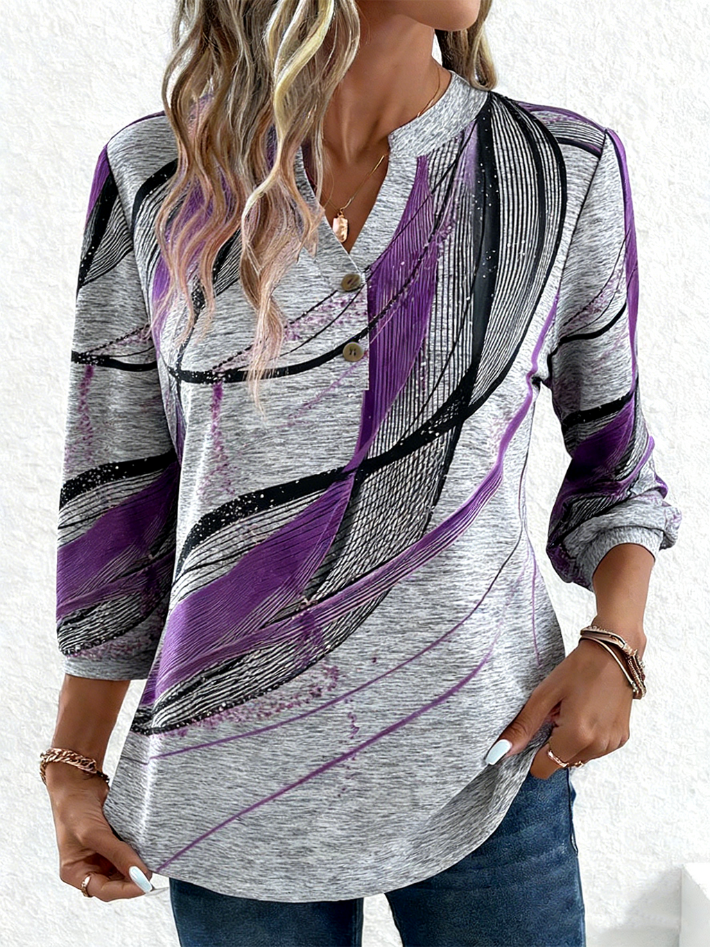 Geometric V Neck Elegant Loose T-Shirt