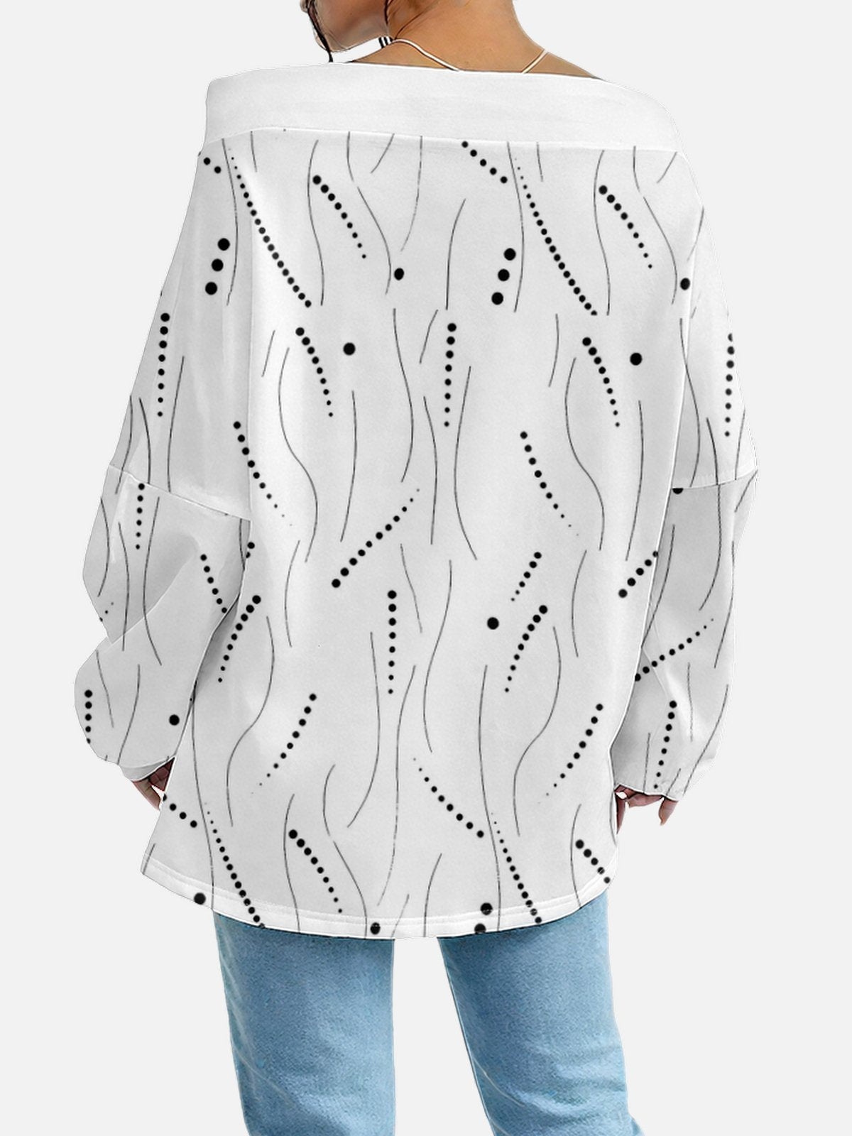 Women's Sweatshirt With Striped Polka Dot Pattern Fashionable And Everyday Off-The-Shoulder Drawstring Top