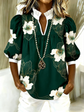 Casual Floral Loose Puff Sleeve Shawl Collar Shirt
