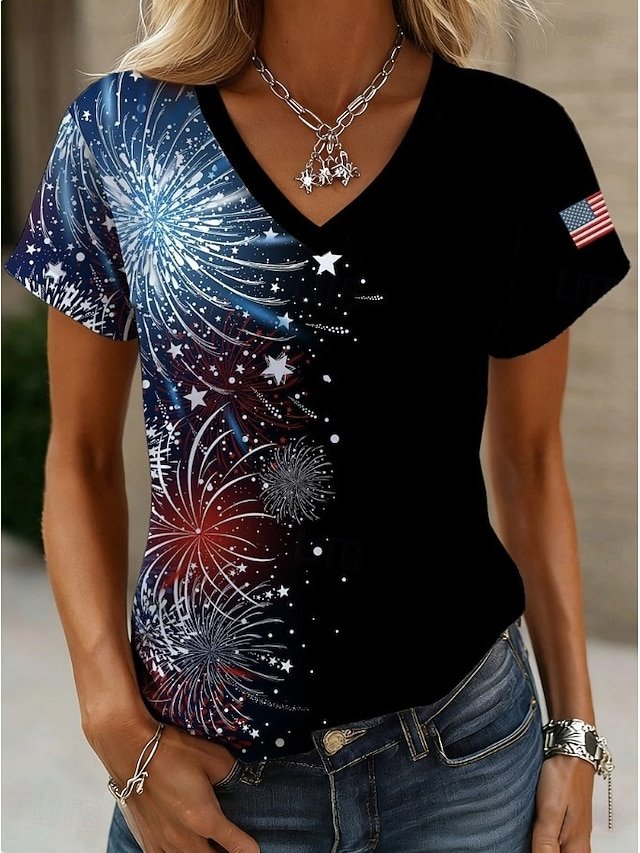 Cotton Casual Gradient Pattern V Neck T-Shirt
