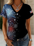 Cotton Casual Gradient Pattern V Neck T-Shirt