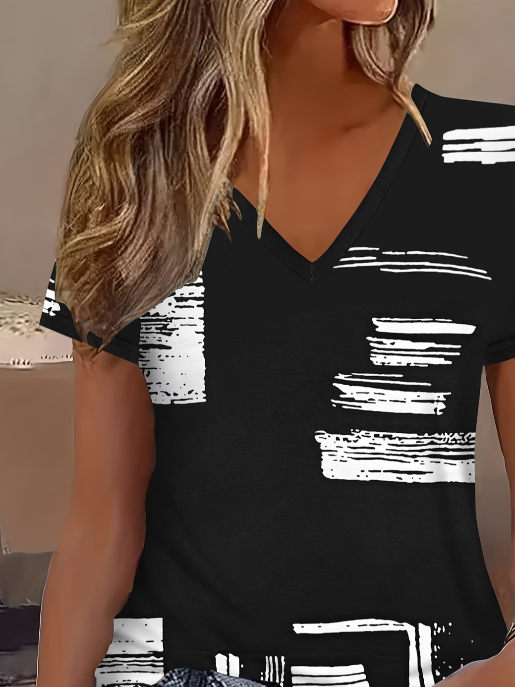 Women's Short Sleeve T-shirt Summer Black Abstract Printing V Neck Holiday Going Out Vintage Top