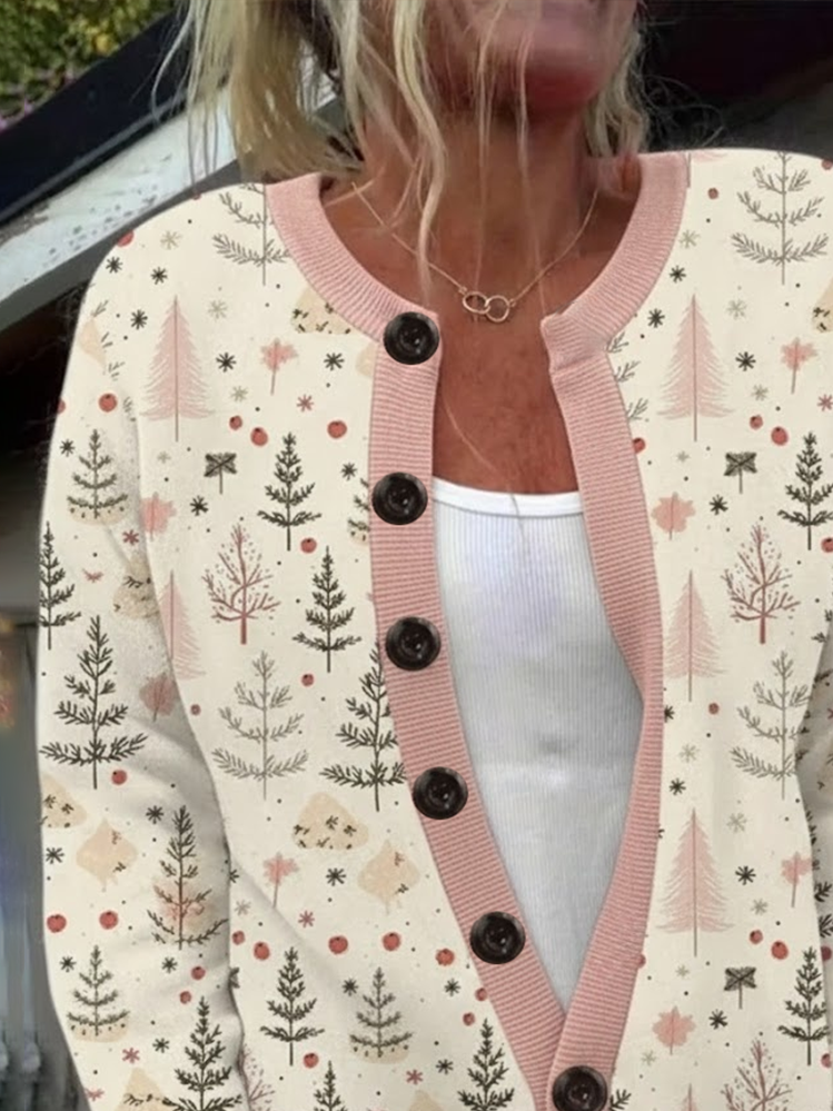 Printing Vintage Regular Fit Christmas Tree Cardigan