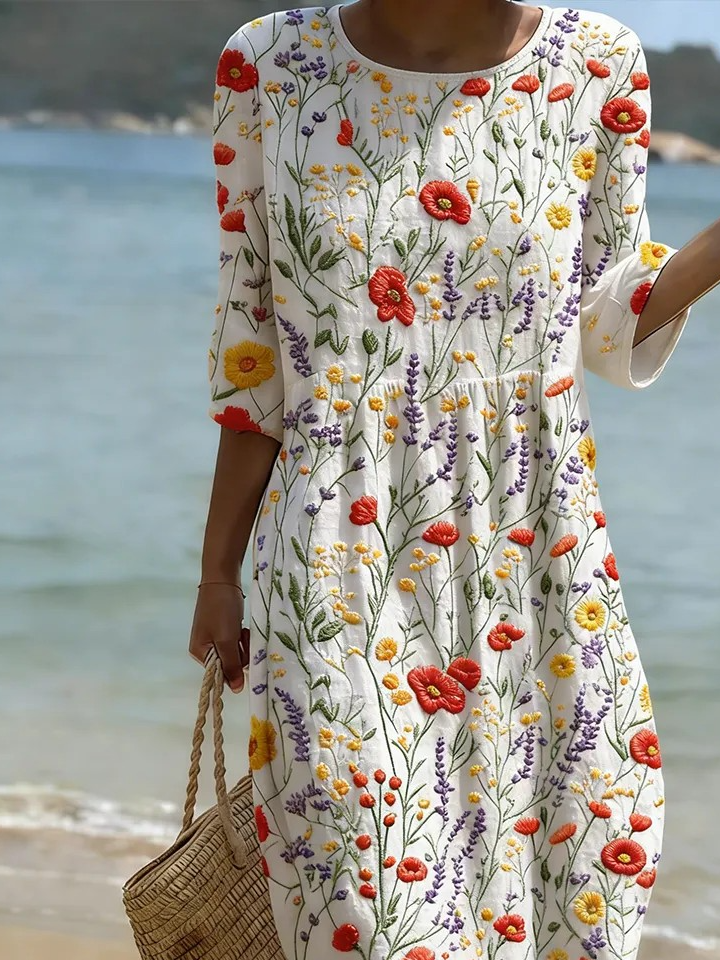 Others Linen Blend Vintage Floral Dress With No