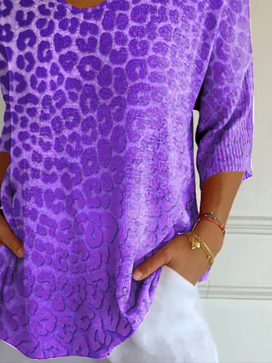 Women's Three Quarter Sleeve T-shirt Spring/Fall Purple Leopard Printing V Neck Daily Going Out Casual Top