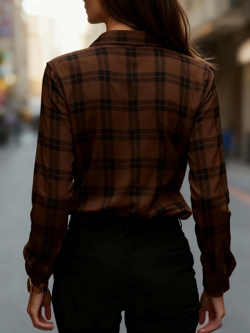 Elegant Plaid Loose Shawl Collar Shirt
