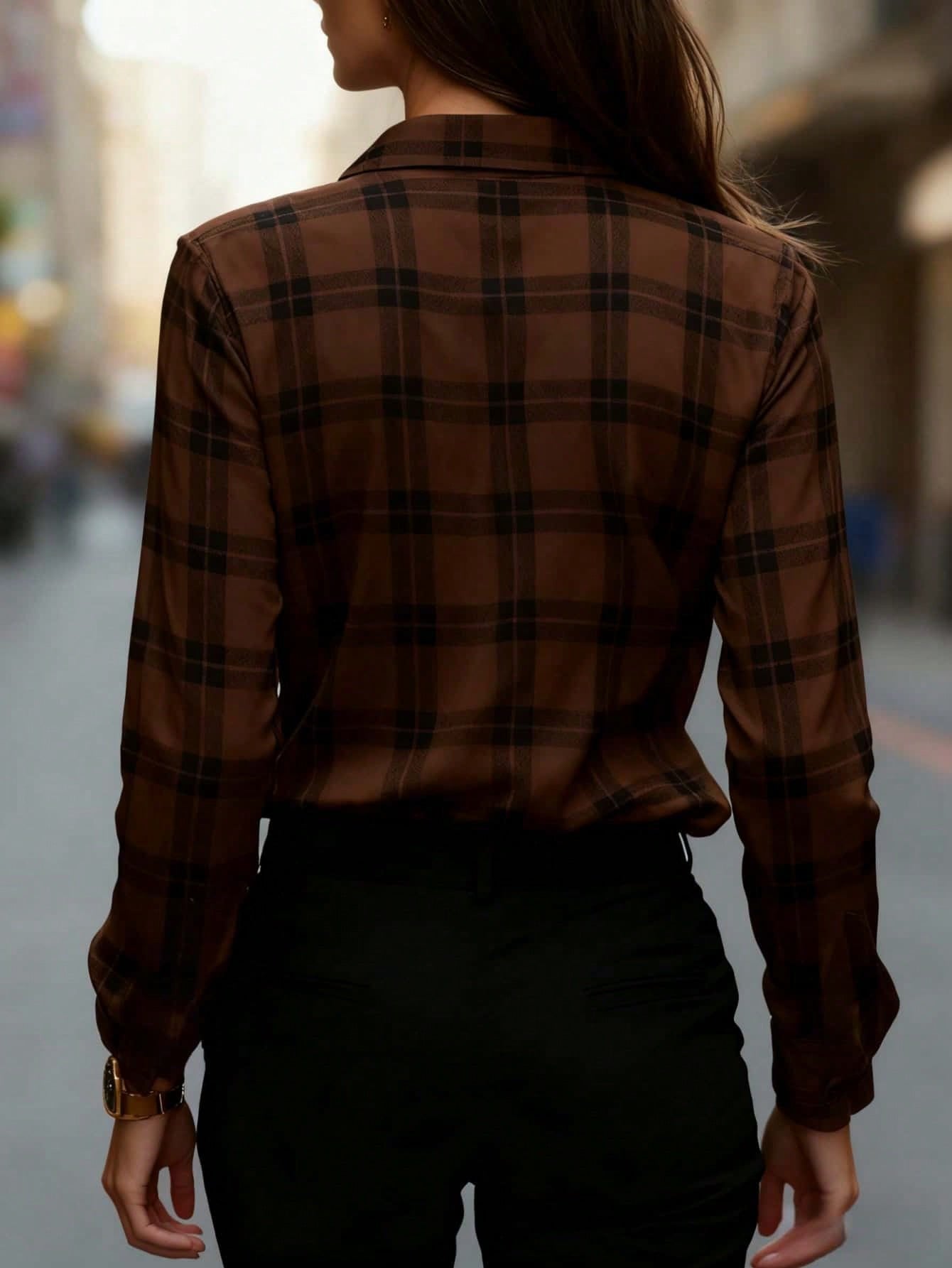 Elegant Plaid Loose Shawl Collar Shirt
