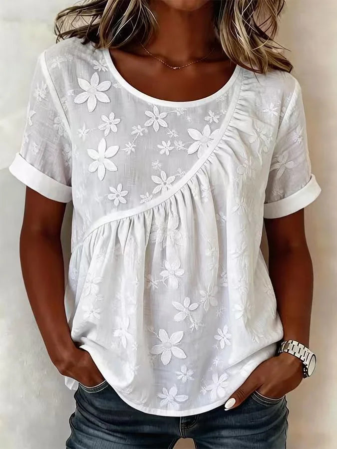Round Neck Short Sleeve Embroidery Floral Summer Casual Top