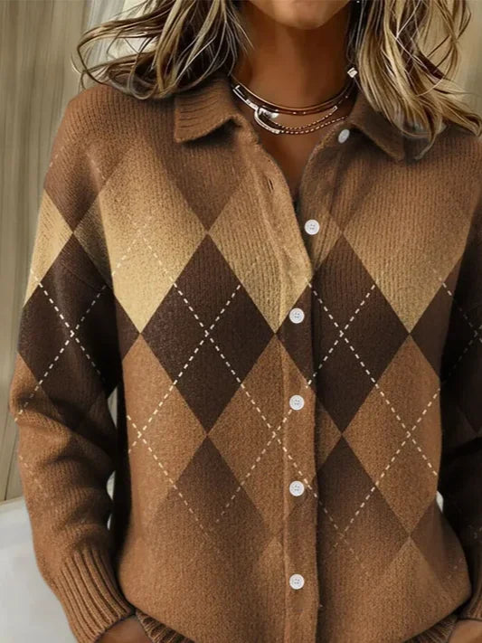 Women's Retro Plaid Geometric Print Casual Lapel Button-Up Cardigan