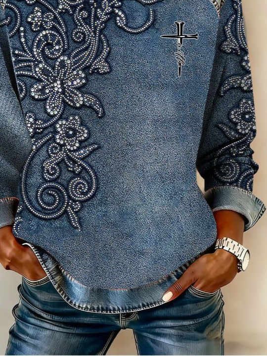 Women's Simulated Denim Print Patchwork Denim Crewneck Long-Sleeved Sweatshirt