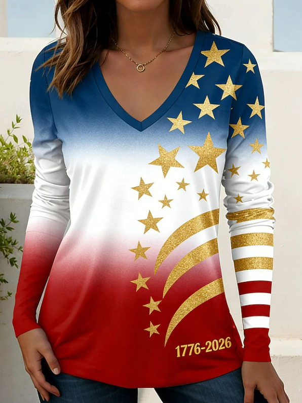 Women's Long Sleeve T-shirt Spring/Fall As Picture Independence Day (Flag) Printing V Neck Holiday Going Out Casual Top