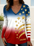 Women's Long Sleeve T-shirt Spring/Fall As Picture Independence Day (Flag) Printing V Neck Holiday Going Out Casual Top