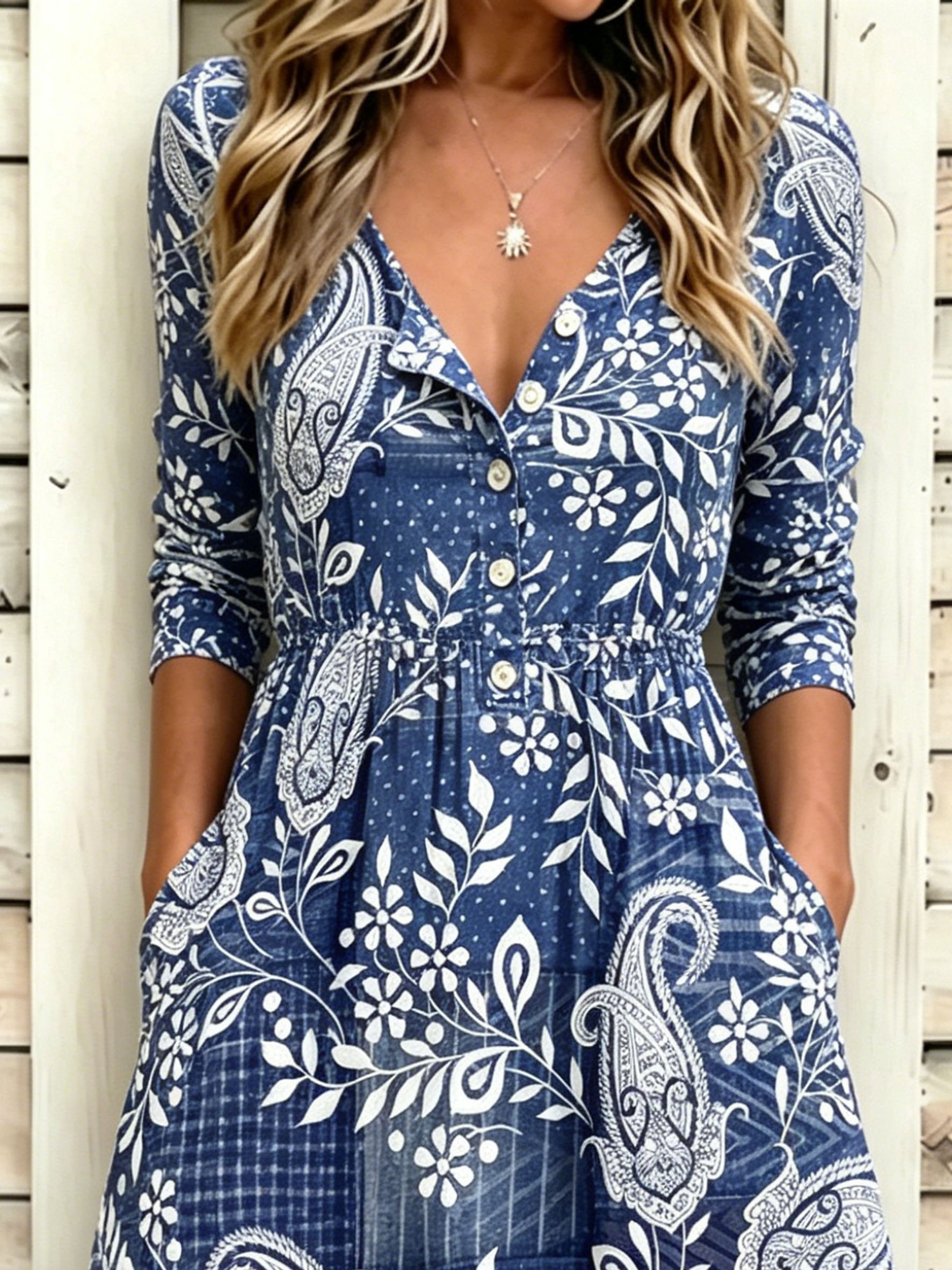 Paisley Print Half Sleeve Round Neck Button A-Line Vintage Casual Dress