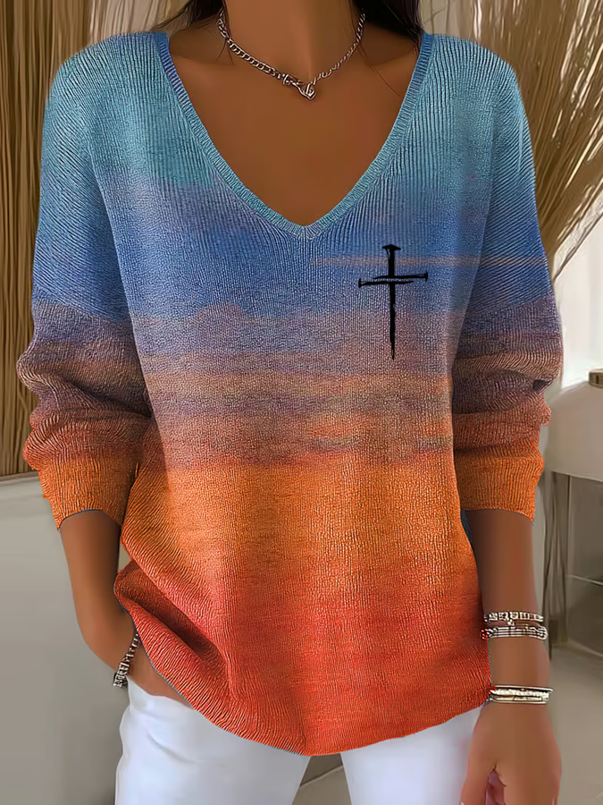 Women's Long Sleeve T-shirt Spring/Fall As Picture Abstract Printing V Neck Daily Going Out Casual Top
