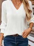 Women's Long Sleeve T-shirt Spring/Fall White Plain Split Joint V Neck Daily Sanded pit stripes Out Vintage Top