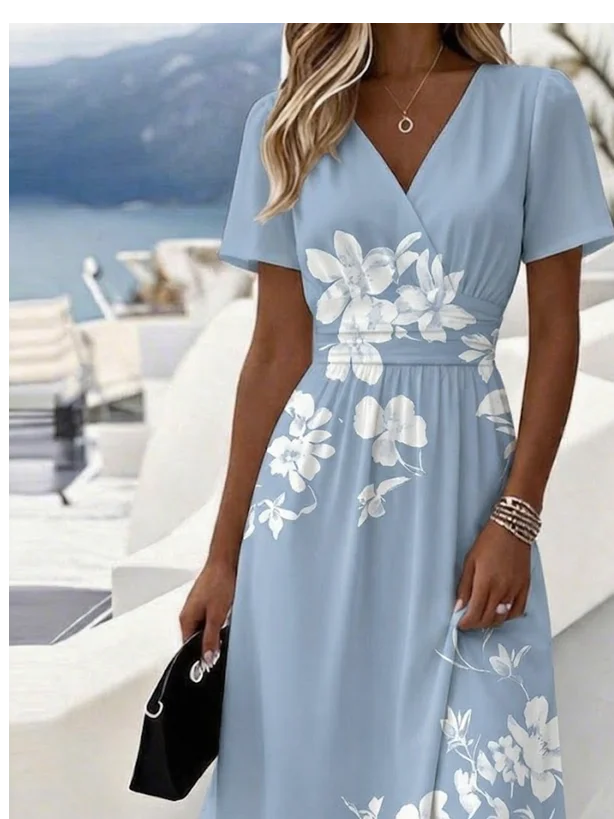 V Neck Floral Elegant Dress With No