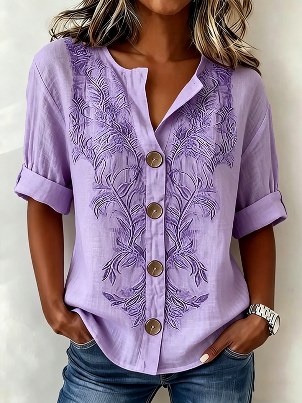 Women's Lavender Floral Print Blouse Short Sleeve Button Down Casual Top