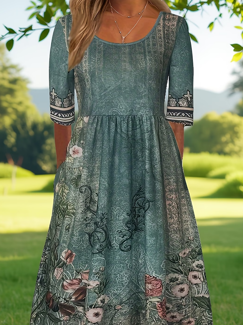 Women's Half Sleeve Summer Green Floral Printing Crew Neck Daily Going Out Casual Maxi H-Line Dress