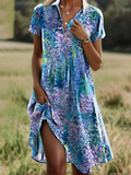 Wisteria Floral Short Sleeve V Neck Midi Dress Casual Flowy Summer Shirt Dress
