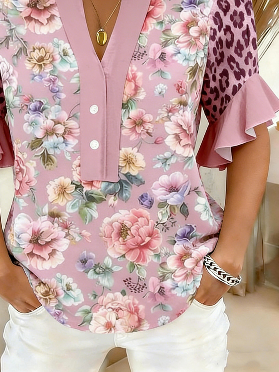 Vintage V Neck Botanical Pattern Shirt