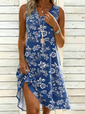 Cotton Denim Blue Floral Printing V Neck Sleeveless Summer Vacation Casual Dress