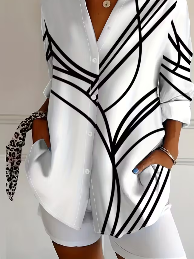 Women's Long Sleeve Shirt Spring/Fall White Abstract Buckle Shirt Collar Regular Sleeve Daily Going Out Casual Top