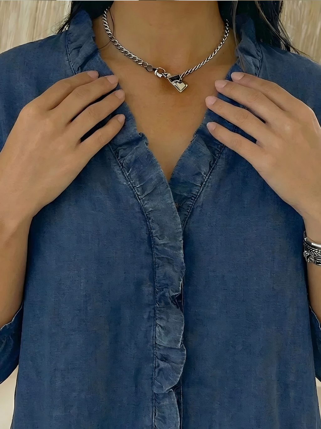 Plain Elegant V Neck Ruffle Denim Blouse